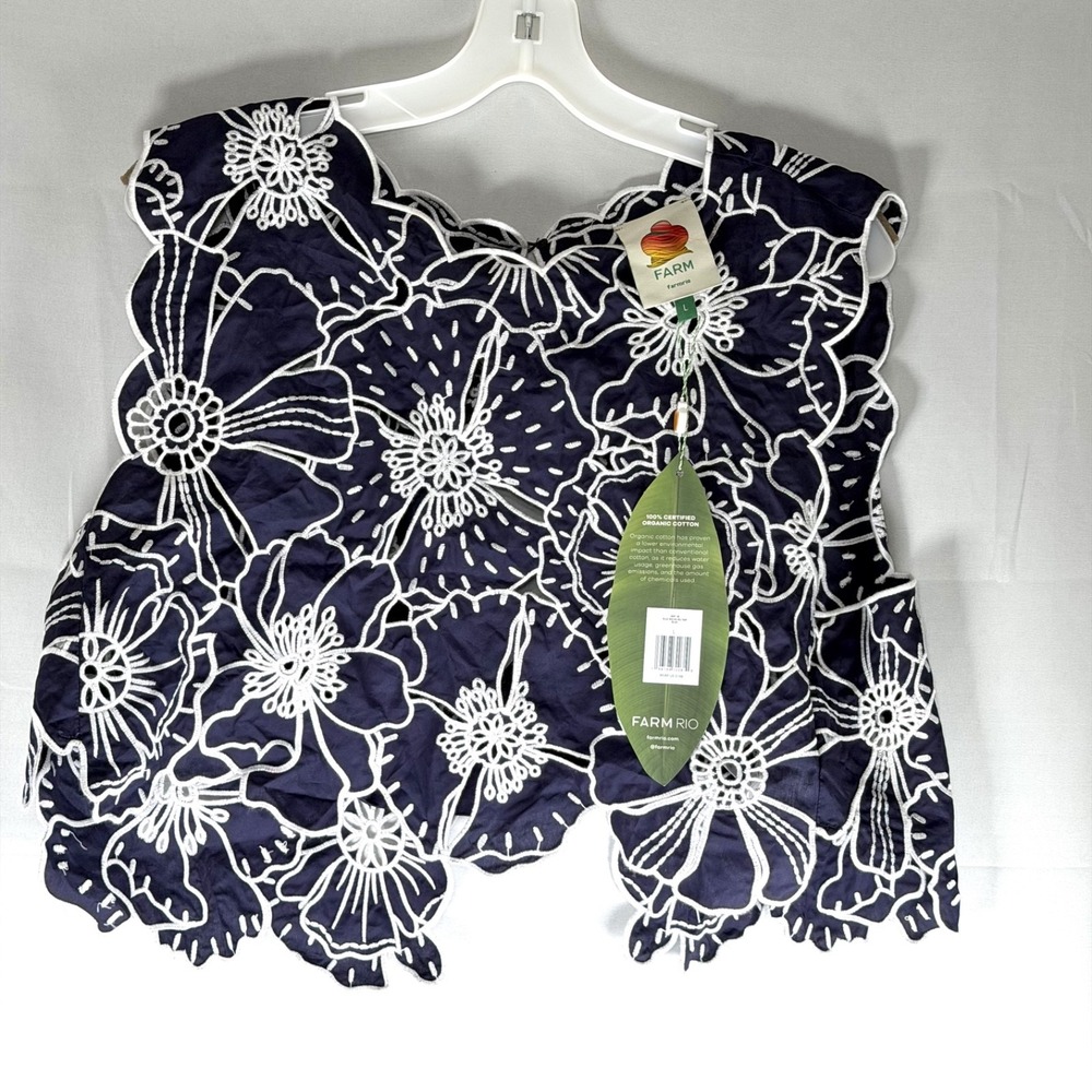 Farm Rio Blue Flowers Richelieu Organic Cotton Embroidered Crop Top Boho Size L
